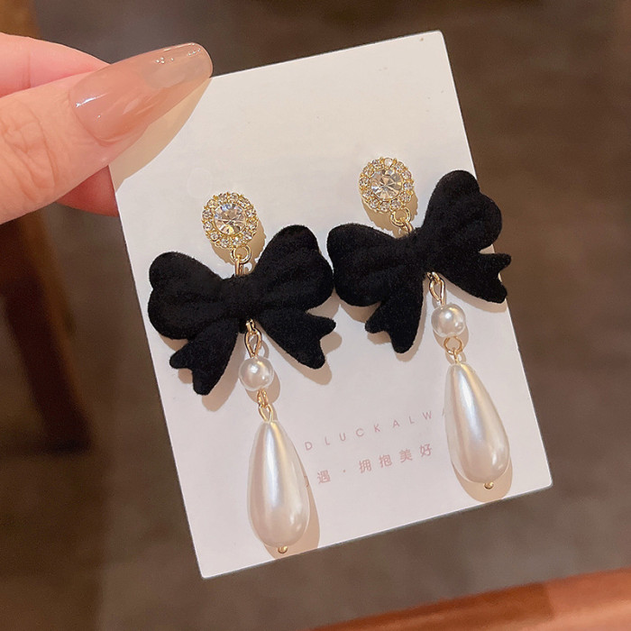 Wholesale Big Bow Pearls Gold Color Rhinestone Tassel Crystal Long Earrings Women Wedding Jewelry Accessories 2022