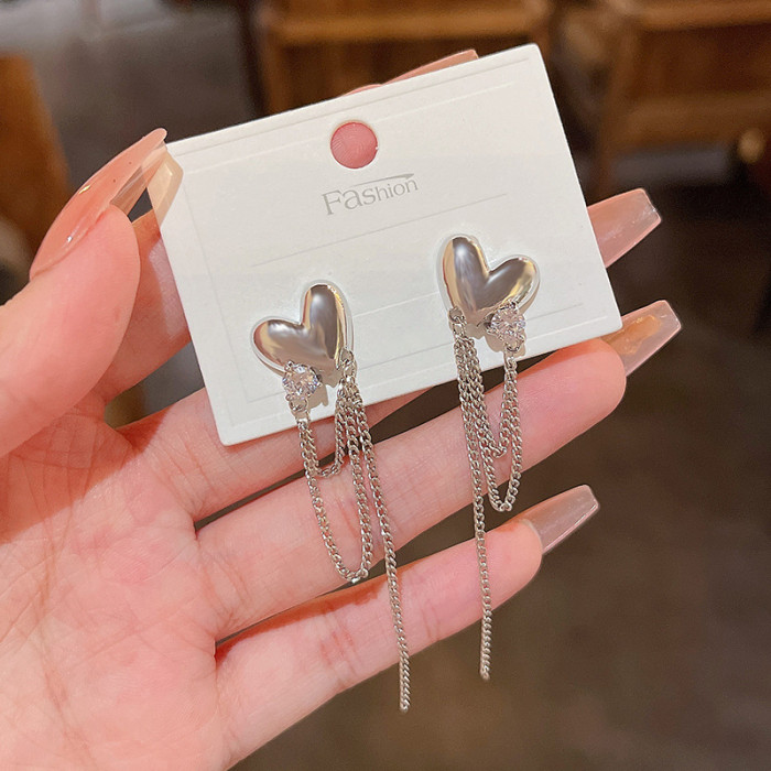 Wholesale Heart Korean Drop Vintage Silver Color Tassel Earring for Women Jewelry