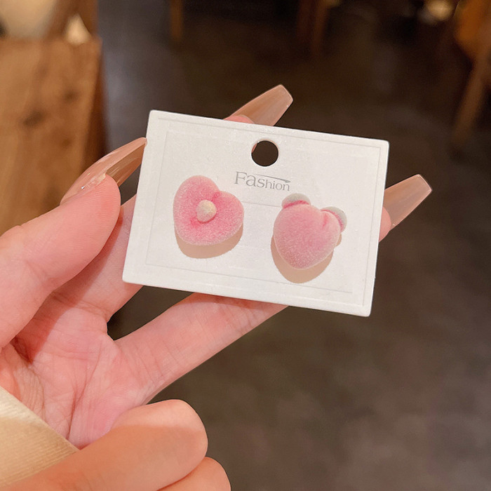 Wholesale Girly Sweet Pink Peach Ear Stud for Women Kawaii Flocking Fruit Cute AB Asymmetrical Earrings Charm Girl Jewelry Gifts