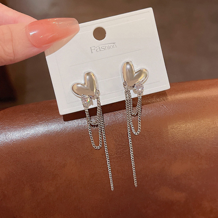 Wholesale Heart Korean Drop Vintage Silver Color Tassel Earring for Women Jewelry