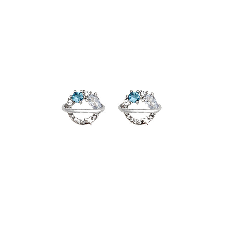 Wholesale Bright Blue Planet Delicate Little Star Stud Earrings For Girls Women Blue Zircon Silver Color Jewelry Party