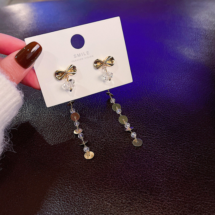 Wholesale Bowknot Crystal Drop Earrings for Women Geometric Long Tassel Rhinestone Statement Jewelry
