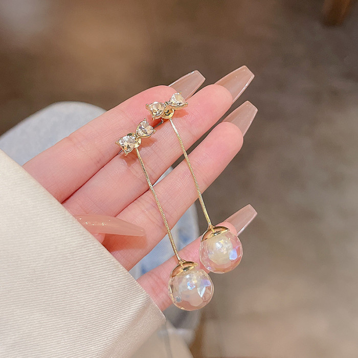 Wholesale 2022 Long Crystal Ball Bow Women Party Statement Hanging Dangle Earrings Fashion Jewelry