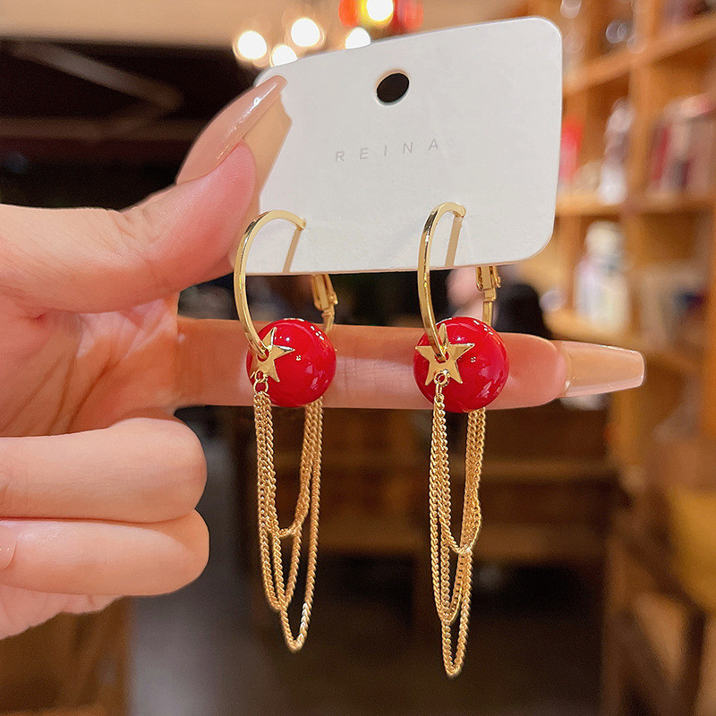 Wholesale 2022 New Long Tassel Pearl Earrings Korean Red Pearl Female Jewelry Gift