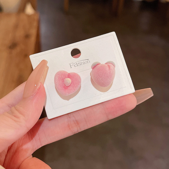 Wholesale Girly Sweet Pink Peach Ear Stud for Women Kawaii Flocking Fruit Cute AB Asymmetrical Earrings Charm Girl Jewelry Gifts