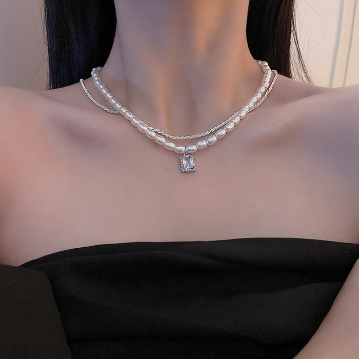 Natural Freshwater Pearl Gypsophila Multilayer Luxury Square Pendant with Zircon Double Layer Pearl Necklace for Women