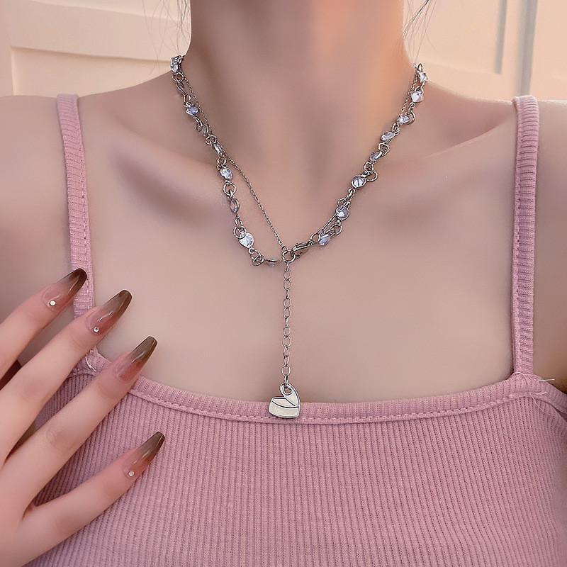 Sweet Cool Black Zircon Metal Double Layer Heart Splicing Necklace Irregular Geometric Long Tassel Clavicle Chain for Women