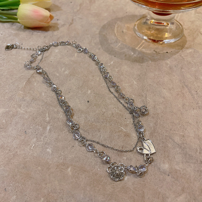 Sweet Cool Black Zircon Metal Double Layer Heart Splicing Necklace Irregular Geometric Long Tassel Clavicle Chain for Women