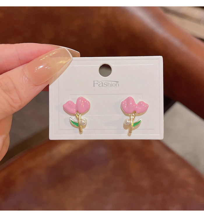 Korean Tulip Enamel Stud Earrings for Women Girls 2022 New Trendy Retro Pink Jewelry