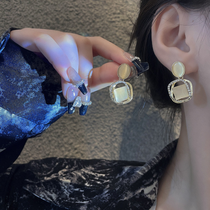 Korean Geometric Square Opal Long Tassel Earrings for Women Small Female Fashion Design Temperament Jewelry