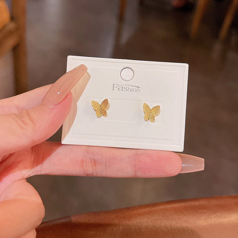 New Butterfly Gold Color Stainless Steel Stud Earrings for Women Child Frosted Butterfly