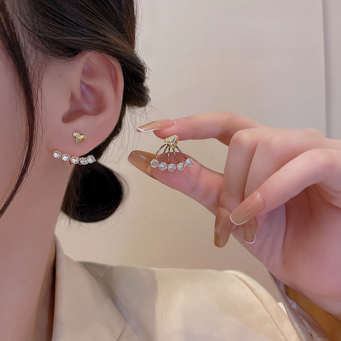 Gold Color Heart Imitation Pearl Earrings For Women Back Hanging Sparkling Zircon Korean Fashion Jewelry Two Wear