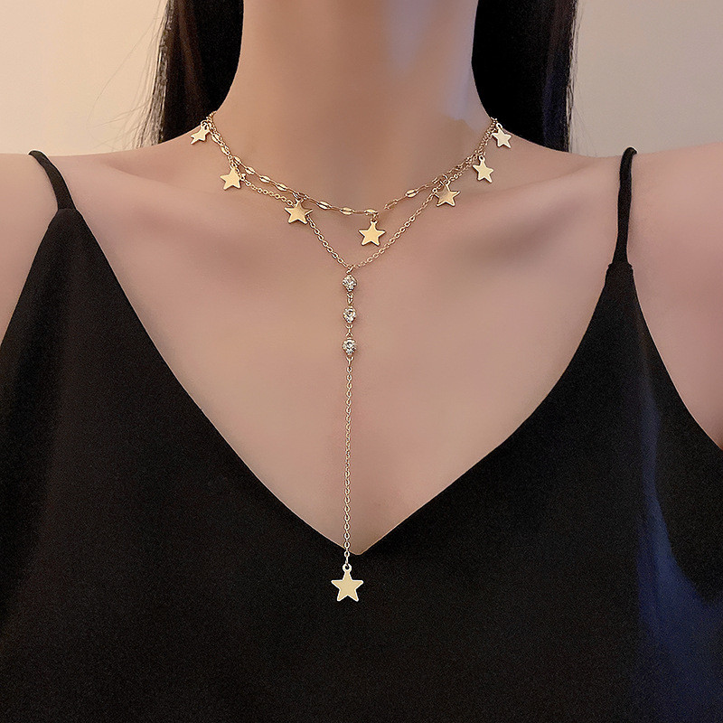 Silver Color Charm Chain Necklace for Women Three Wear Trendy Simple Stars Pendant Tassel Clavicle Chain Party Jewelry Gift