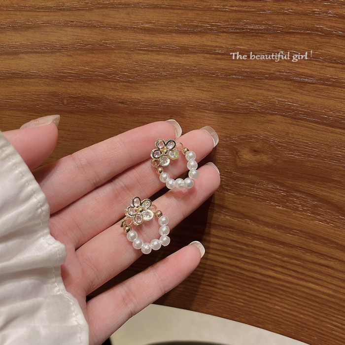 Exquisite Crystal Flower Earrings for Women Korea Fashion Zircon Pearl Wedding Statement Jewelry
