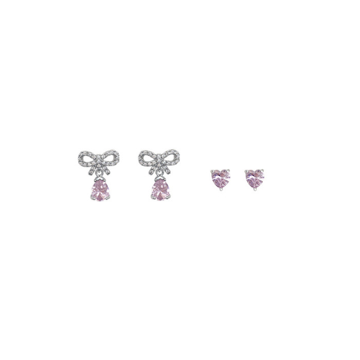 Pink Zircon Bow Heart Butterfly Dangle Earrings Set for Women 2022 Trending Luxury Jewelry Korean Statement Christmas Gift