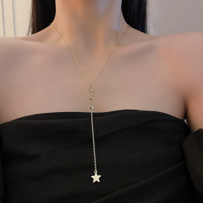 Silver Color Charm Chain Necklace for Women Three Wear Trendy Simple Stars Pendant Tassel Clavicle Chain Party Jewelry Gift