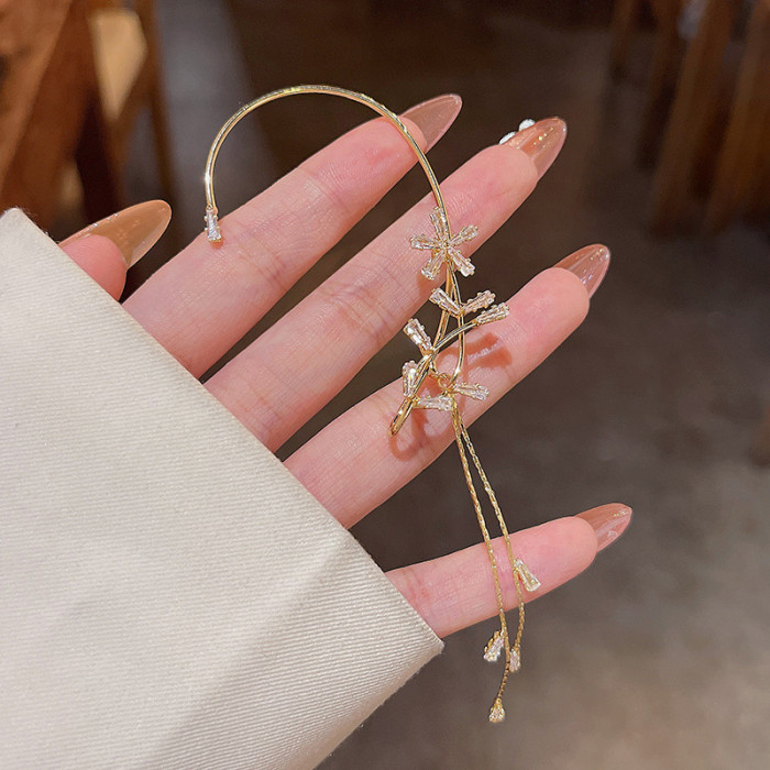 Fashion Crystal Flower Leaves Ear Clips Tassel Earrings For Women Shining Zircon Ear Cuff Wedding Party Jewelry