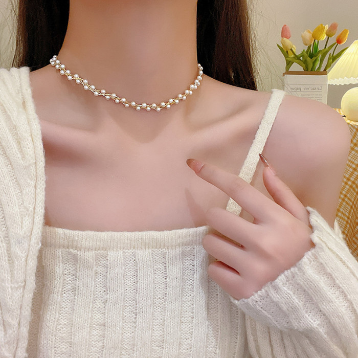 Dainty Pearl Flower Bow Knot Choker Long Chain Pearl Pendant Necklaces for Women Fashion Jewelry