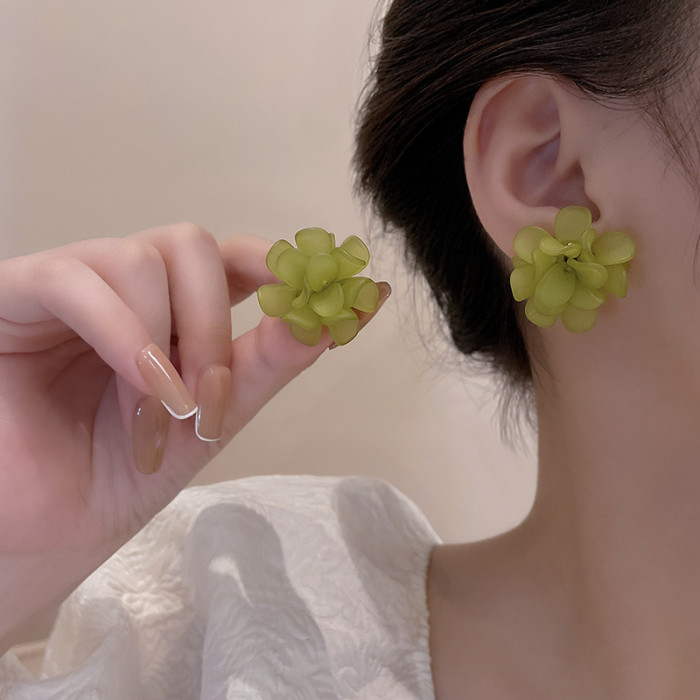 Korean Vintage Large Flower Stud Earrings Resin Petals Women Party Elegant Jewelry Ear Studs Girls Fashion Accessories