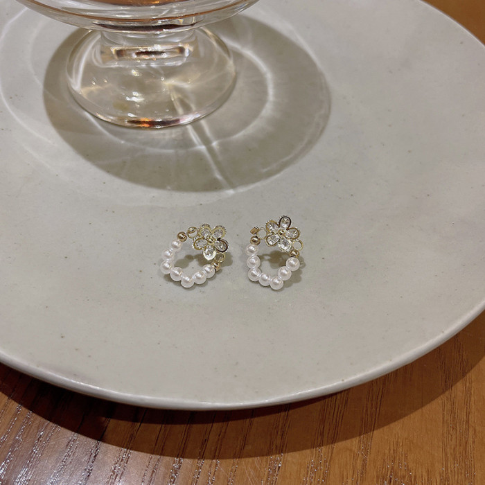 Exquisite Crystal Flower Earrings for Women Korea Fashion Zircon Pearl Wedding Statement Jewelry
