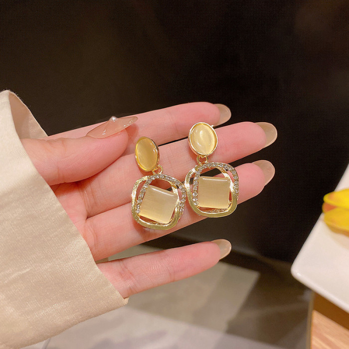 Korean Geometric Square Opal Long Tassel Earrings for Women Small Female Fashion Design Temperament Jewelry