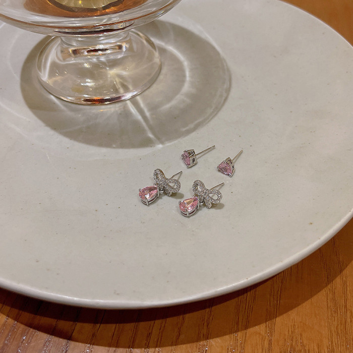 Pink Zircon Bow Heart Butterfly Dangle Earrings Set for Women 2022 Trending Luxury Jewelry Korean Statement Christmas Gift