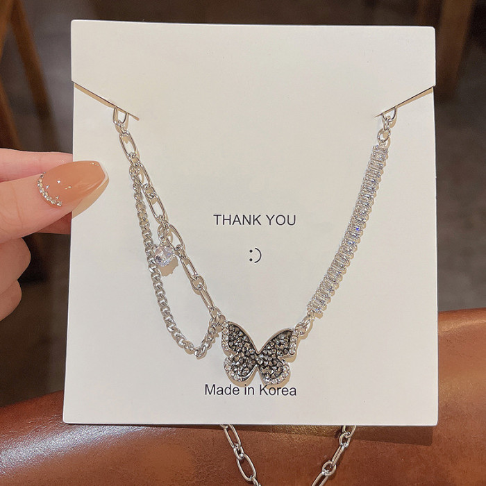 Sparkling Zircon Butterfly Long Tassel Chain Choker Necklace For Women Wedding Gift