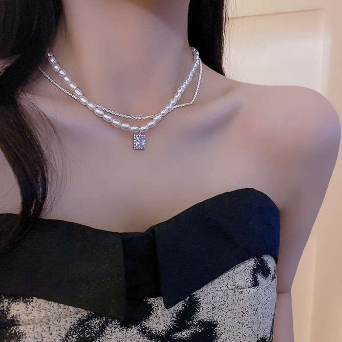 Natural Freshwater Pearl Gypsophila Multilayer Luxury Square Pendant with Zircon Double Layer Pearl Necklace for Women