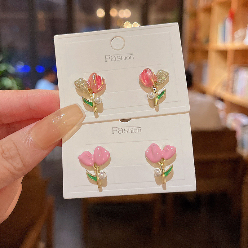 Korean Tulip Enamel Stud Earrings for Women Girls 2022 New Trendy Retro Pink Jewelry