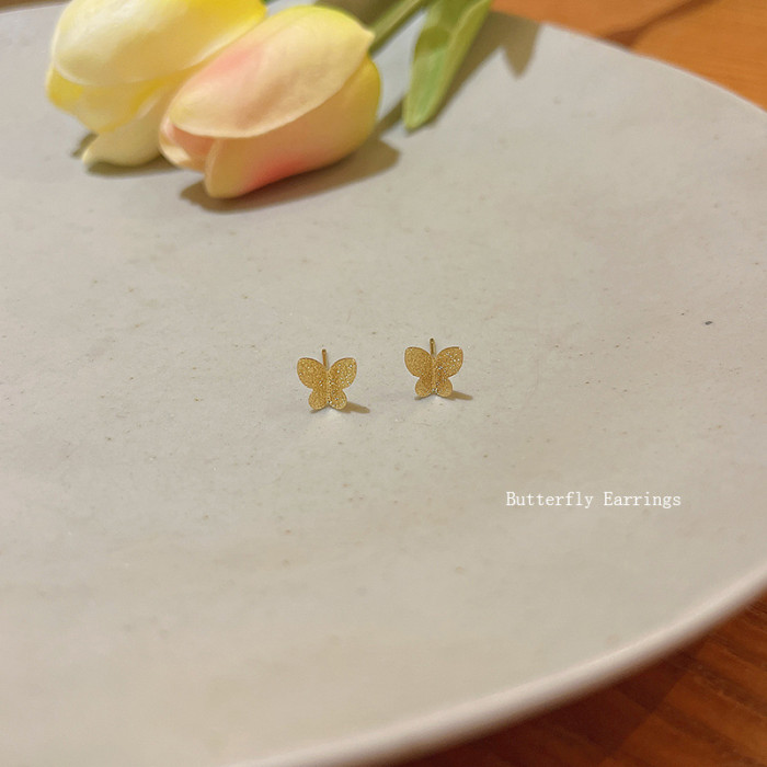 New Butterfly Gold Color Stainless Steel Stud Earrings for Women Child Frosted Butterfly