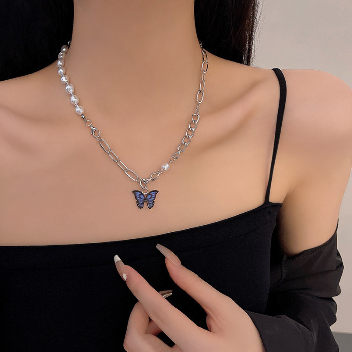 Pearl Chain Lock Zircon Square Heart Pendant Necklace for Women Punk Vintage Big Chunky Thick Chain Jewelry