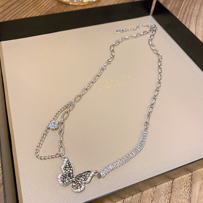 Sparkling Zircon Butterfly Long Tassel Chain Choker Necklace For Women Wedding Gift