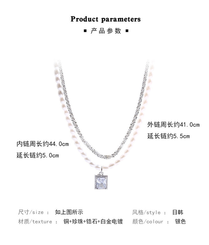 Natural Freshwater Pearl Gypsophila Multilayer Luxury Square Pendant with Zircon Double Layer Pearl Necklace for Women