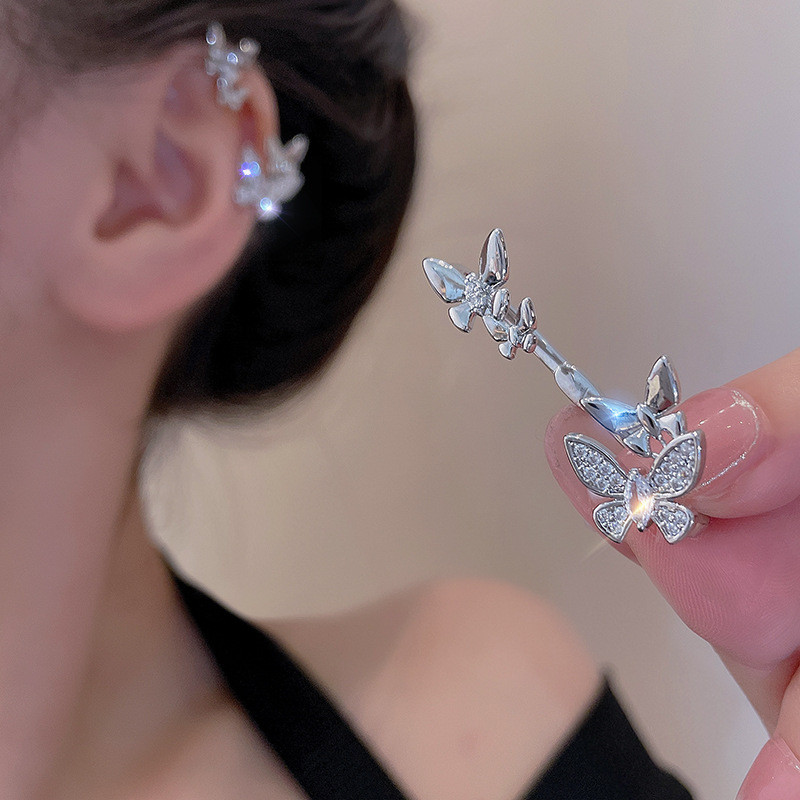 Simple Butterfly Cuff Earrings Shiny CZ Zircon Double Bow Fine Jewelry