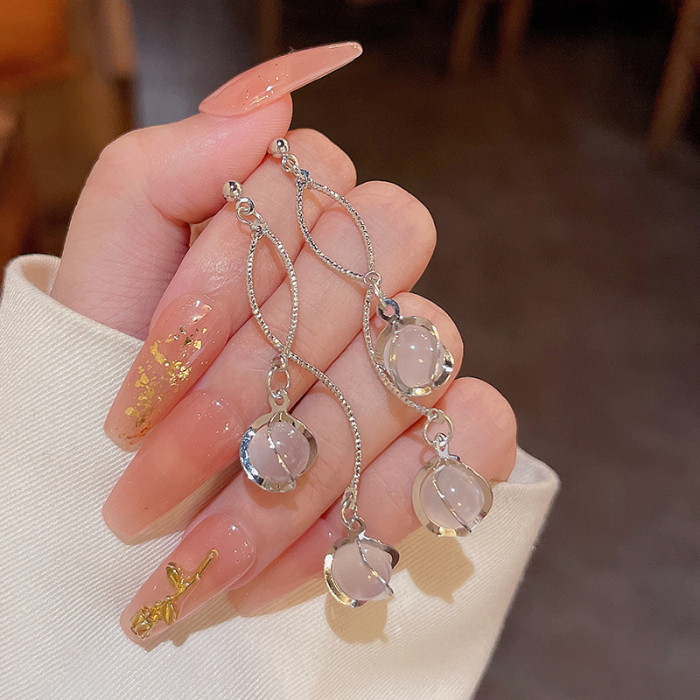 Korean Temperament Long Tassel Opal Earrings High End Flower Niche Design