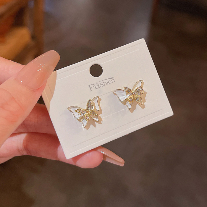 New Fluttering Butterfly Women's Stud Earrings Enamel Double Layers Korean Fashion Ear Jewelry