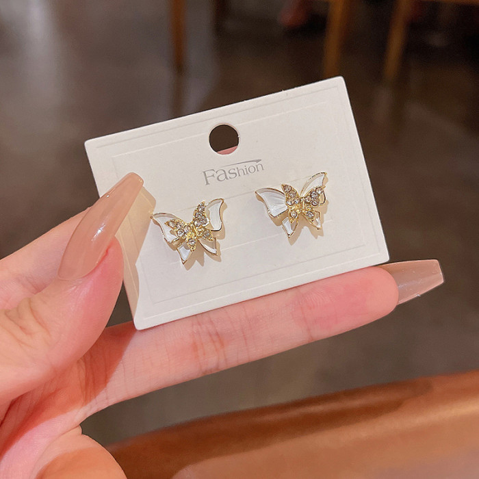 New Fluttering Butterfly Women's Stud Earrings Enamel Double Layers Korean Fashion Ear Jewelry