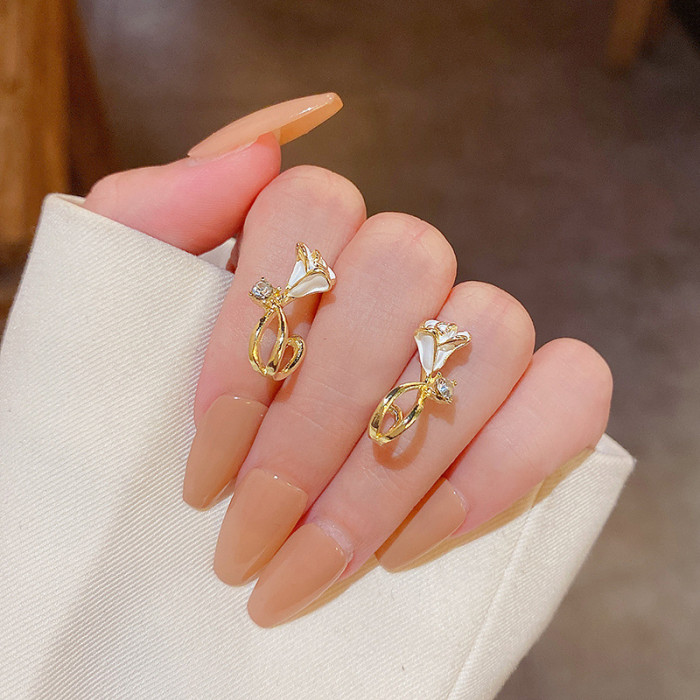 Korean Tulip Enamel Stud Earrings for Women Girls 2022 New Trendy Retro Flower Pearl Jewelry