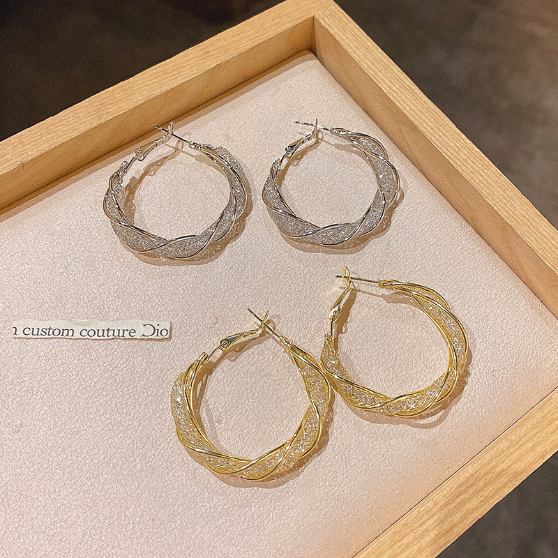 Luxury Round Hoop Earrings For Women Vintage Metal Hollow Out Mesh Crystal Geometric Fashion Jewelry Accessories