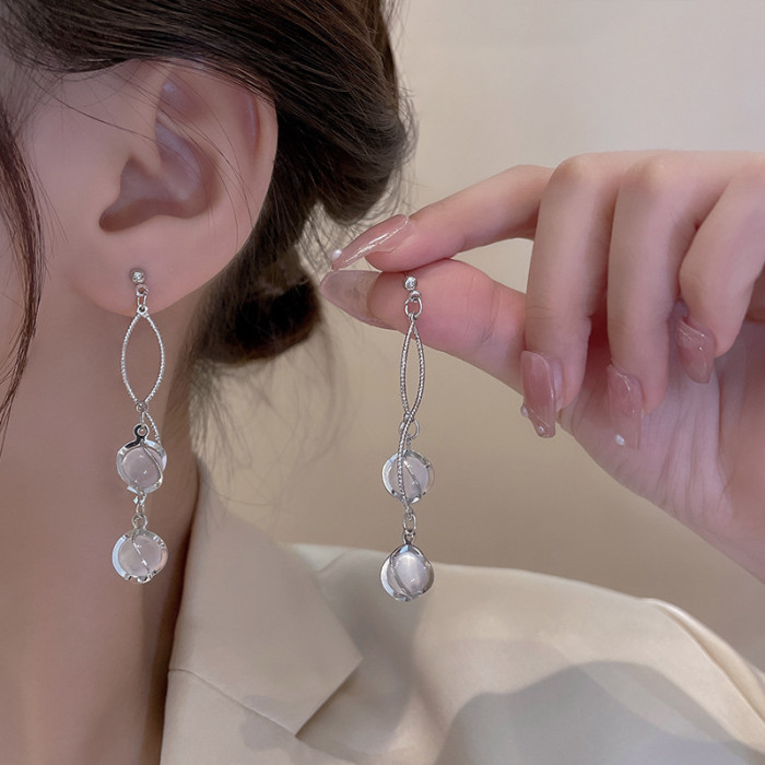 Korean Temperament Long Tassel Opal Earrings High End Flower Niche Design