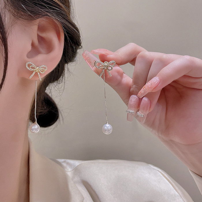 Korean Temperament Bow Earrings Female Fashion Asymmetric Pearl Long Tassel for Girls Women