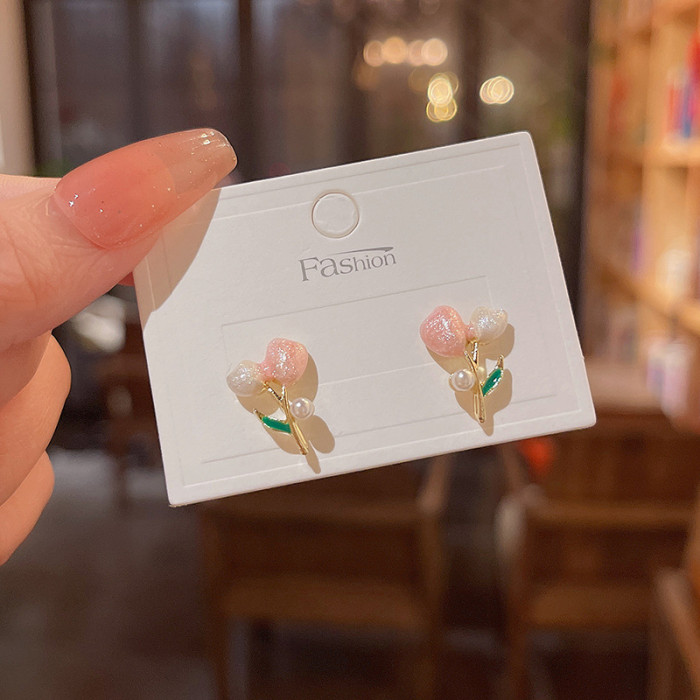 South Korea's Fashion Pink Tulip Earrings 2022 New Small Fresh High End Flower