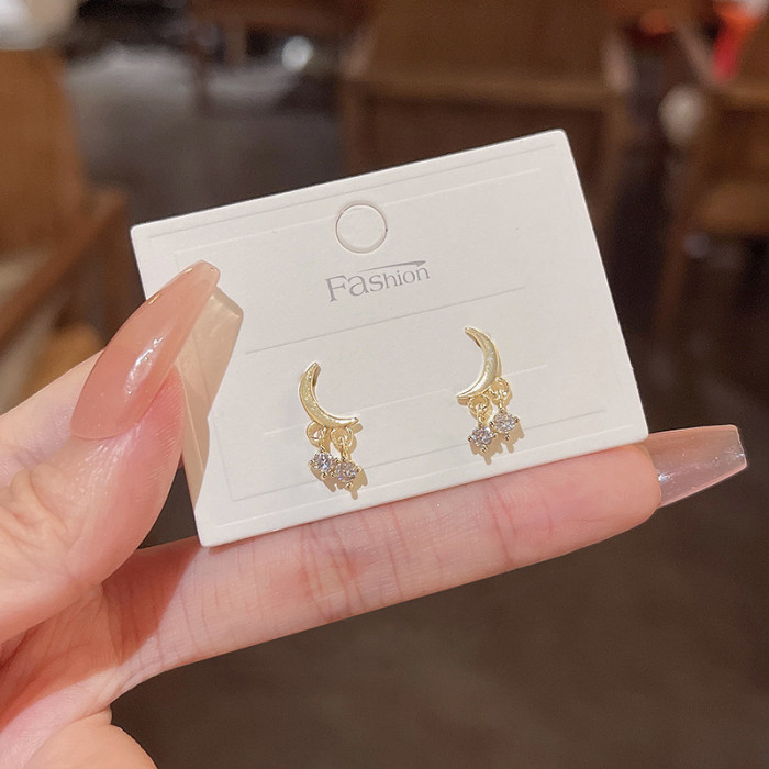 2022 New Trendy Crystal Star Moon Stud Earrings For Women Korean Fashion Rhinestone Pearl Tassel Party Jewelry Gifts