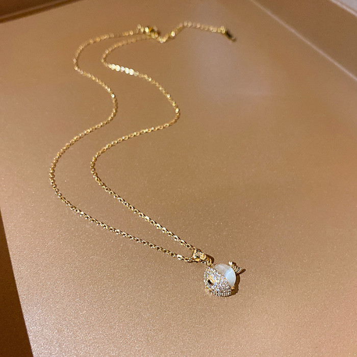 Design Sense Zircon Opal Gold Color Fish Pendant Stainless Steel Women Necklace Korean Ladies Clavicle Chain Jewelry