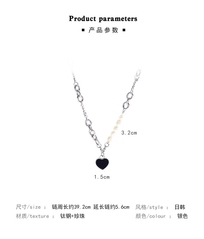New Arrival Splicing Simulated Pearls Necklace For Women Silver Color Chian Clavicle Chian Black Heart Jewelry