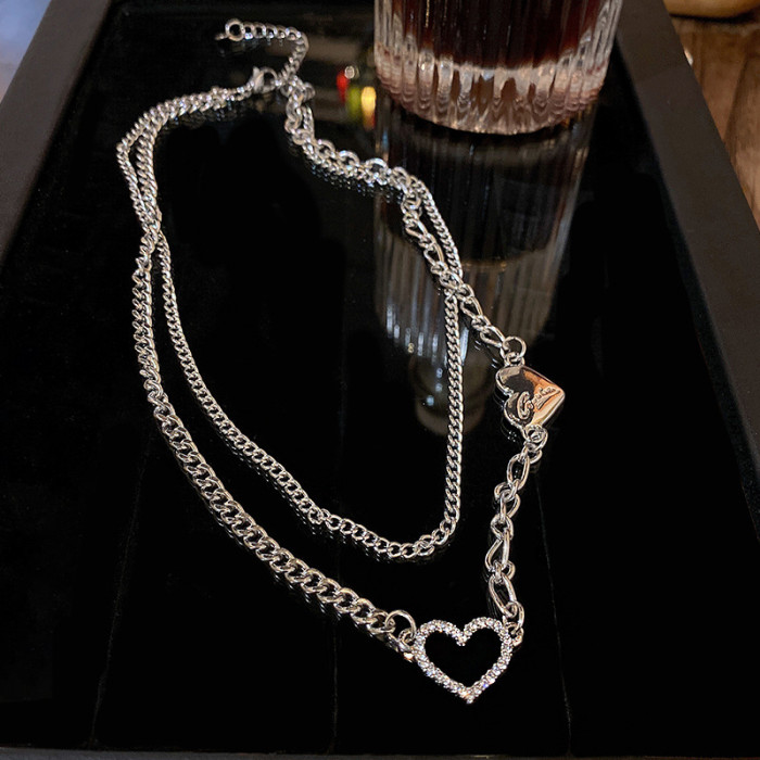 New Fashion Double Layer Women Necklace Love Heart Golden Silver Color Choker Neck Jewelry