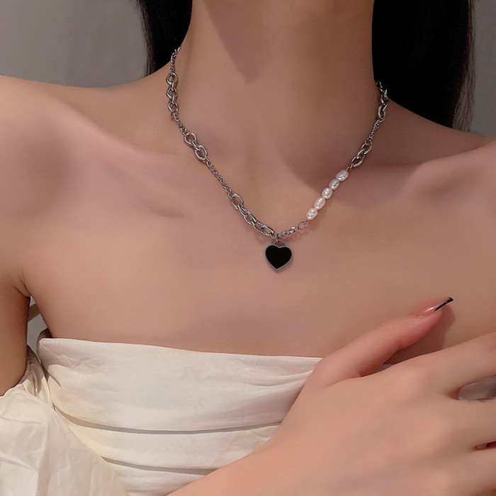 New Arrival Splicing Simulated Pearls Necklace For Women Silver Color Chian Clavicle Chian Black Heart Jewelry