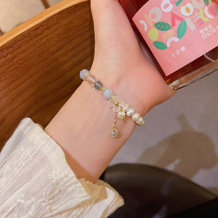 New Korean Pearl Flowers Bracelet Bohemian Colorful Crystal Beaded Handmade Elastic Rope Women Fashion Jewelry