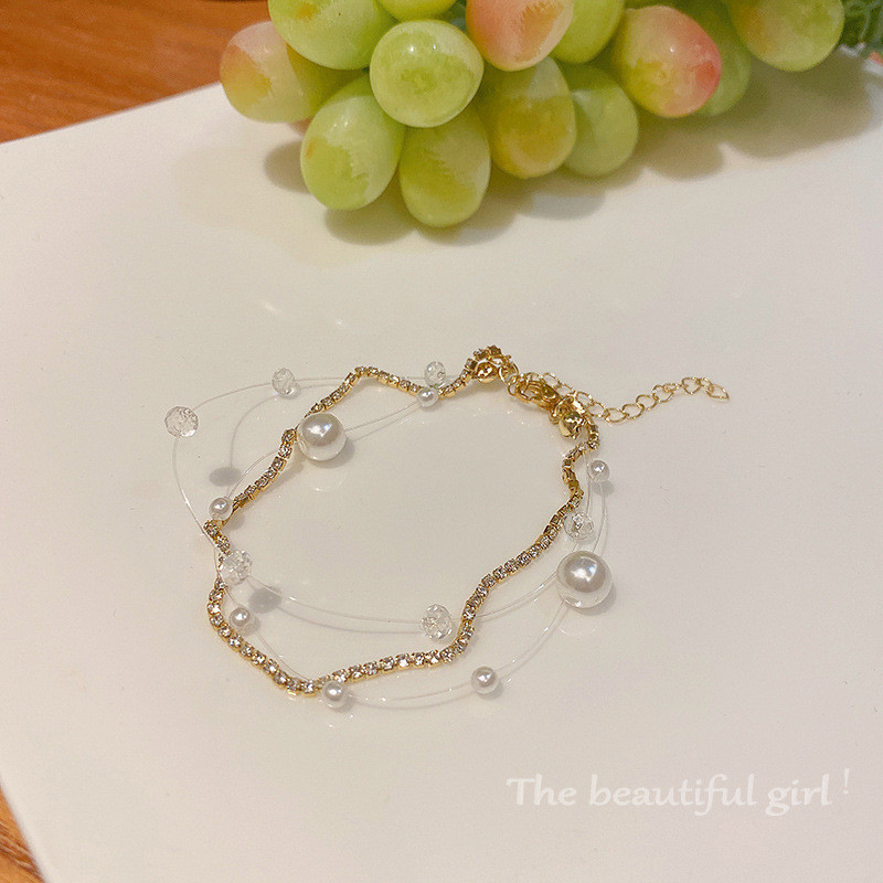 New Fashion Trend Unique Design Elegant Delicate Double Layered Zircon Pearl Bracelet Women's Jewelry Party Gift