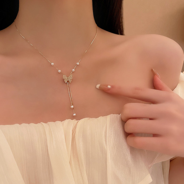 New Fashion Pearl Butterfly Tassel Pendant Stainless Steel Necklace for Women Zirconia Choker Female Jewelry